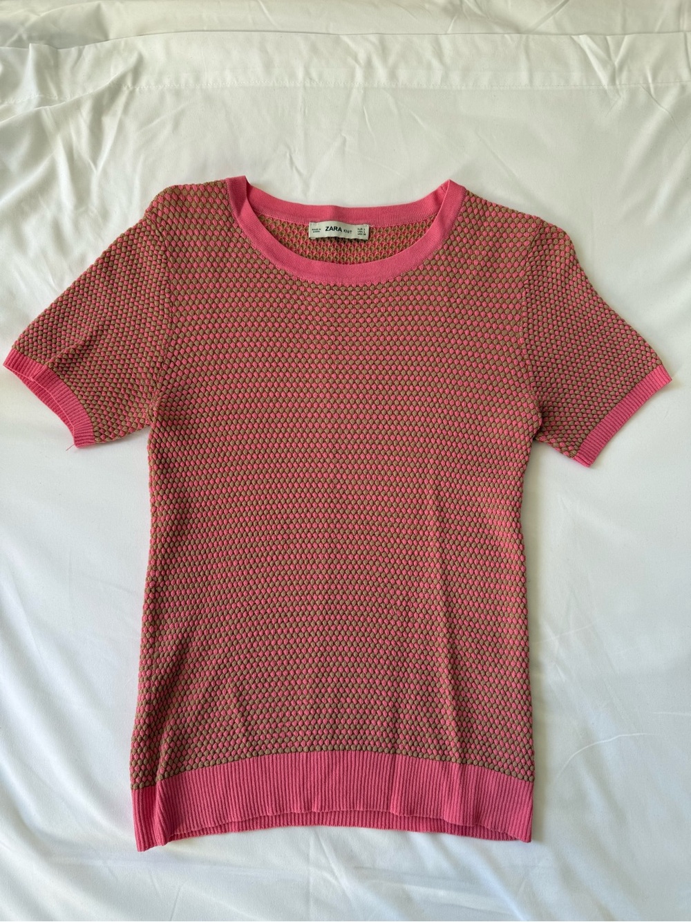 Zara- Pink & Beige Short Sleeve Knit Top- Women- Size Large